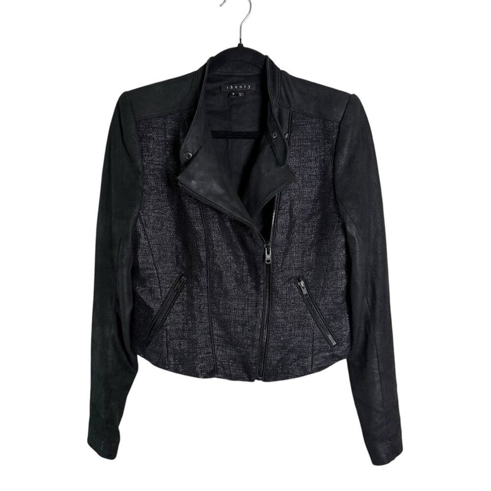 Theory Black Scheli Cross Hatch Silk Goat Leather Moto Jacket Size 8 B0602101